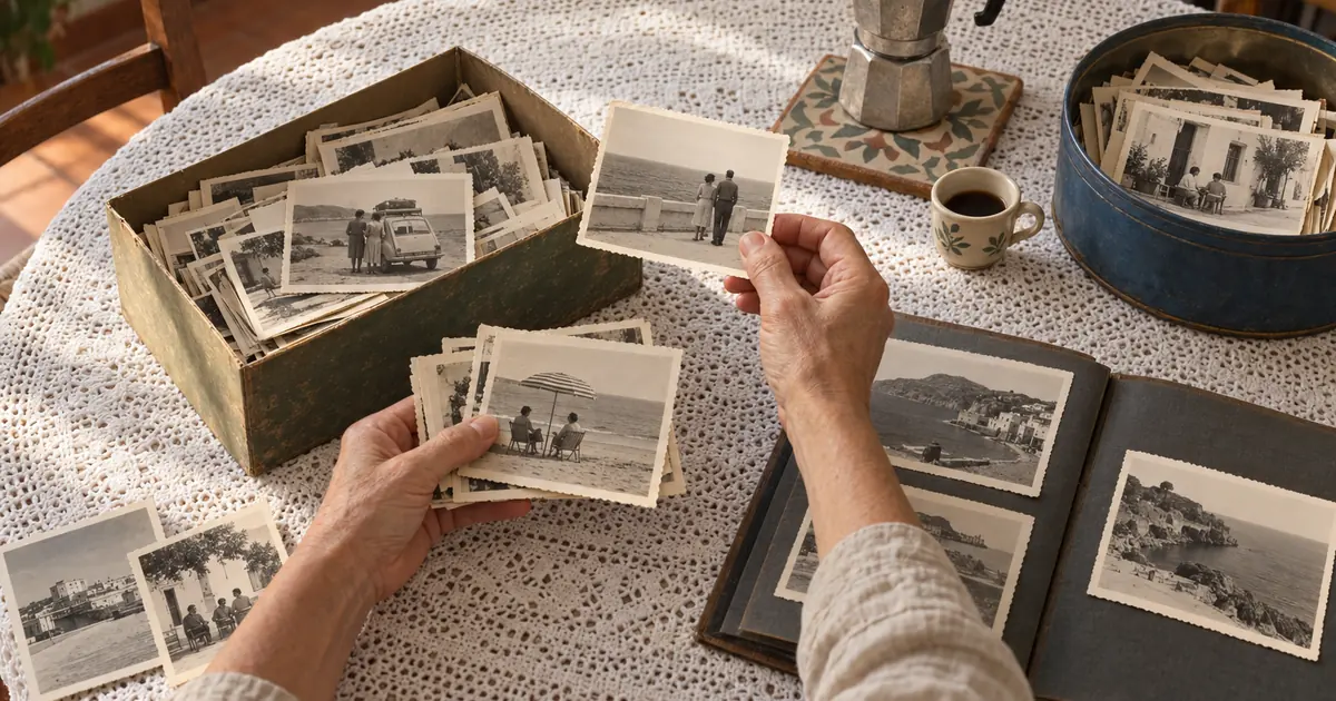Archivo familiar: unas manos ordenan fotografías antiguas junto a una caja de fotos y un álbum abierto