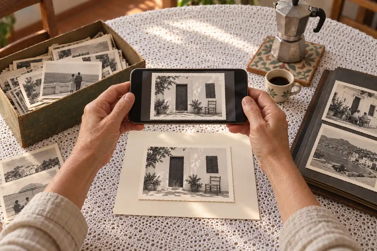 Cómo digitalizar fotos antiguas: unas manos sostienen el móvil en paralelo sobre la foto de una casa encalada, que aparece igual en la pantalla